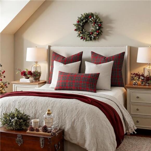 Christmas Set of 2 Scottish Tartan Plaid Throw Pillow Covers Farmhouse Classic - Picture 4 of 7